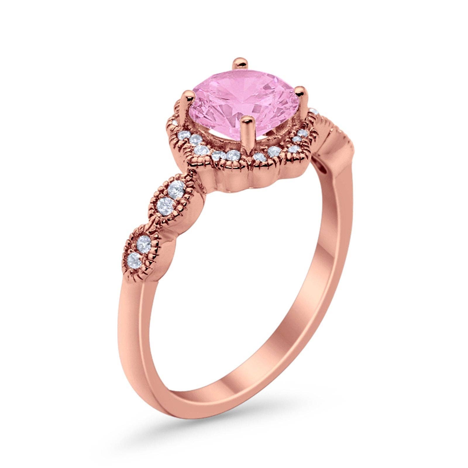 Halo Floral Art Deco Wedding Ring Rose Tone, Simulated Pink Morganite CZ for wholesale on Faire2