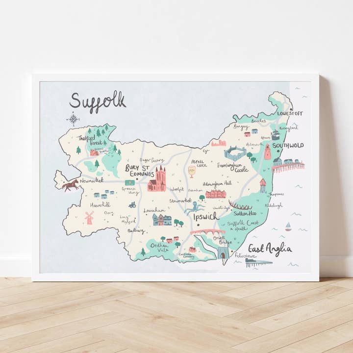 Suffolk County Illustrated Map - Ipswich, Lowestoft, Southwo for wholesale by Mads Illustration
