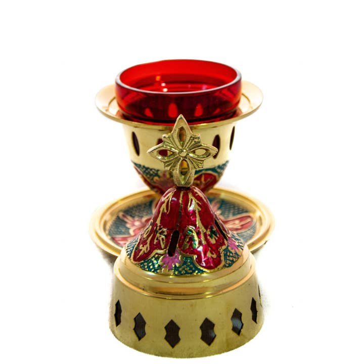 Lámpara cristiana de mesa de latón para vigilia con cruz, lámpara de pie para oración pintada a mano, vela de aceite ortodoxa con vaso de vidrio, decoración religiosa para venta al por mayor de TheHolyArt