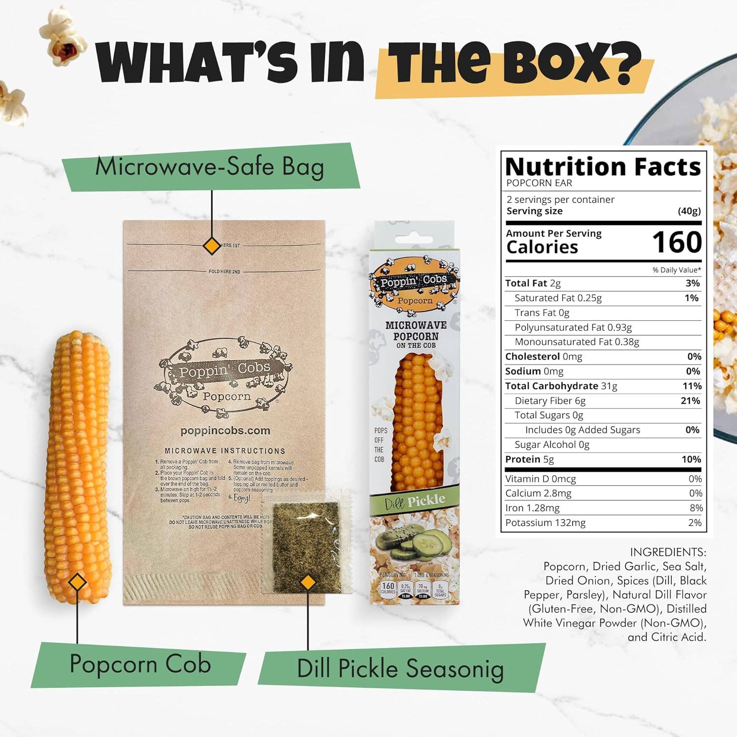 Poppin' Cobs Popcorn - Wholesale Popcorn - Popcorn on the Cob with Dill Pickle Seasoning1