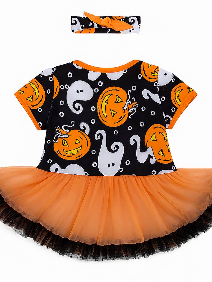 Fennco Styles - Wholesale Dress – Baby - Orange Black Spooky Halloween Tutu Dress Romper1