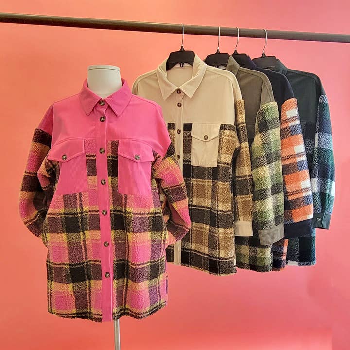 MULTI FLEECE PLAID CORDUROY COMBINE SHACKET WITH POCKET for wholesale by Mapcie
