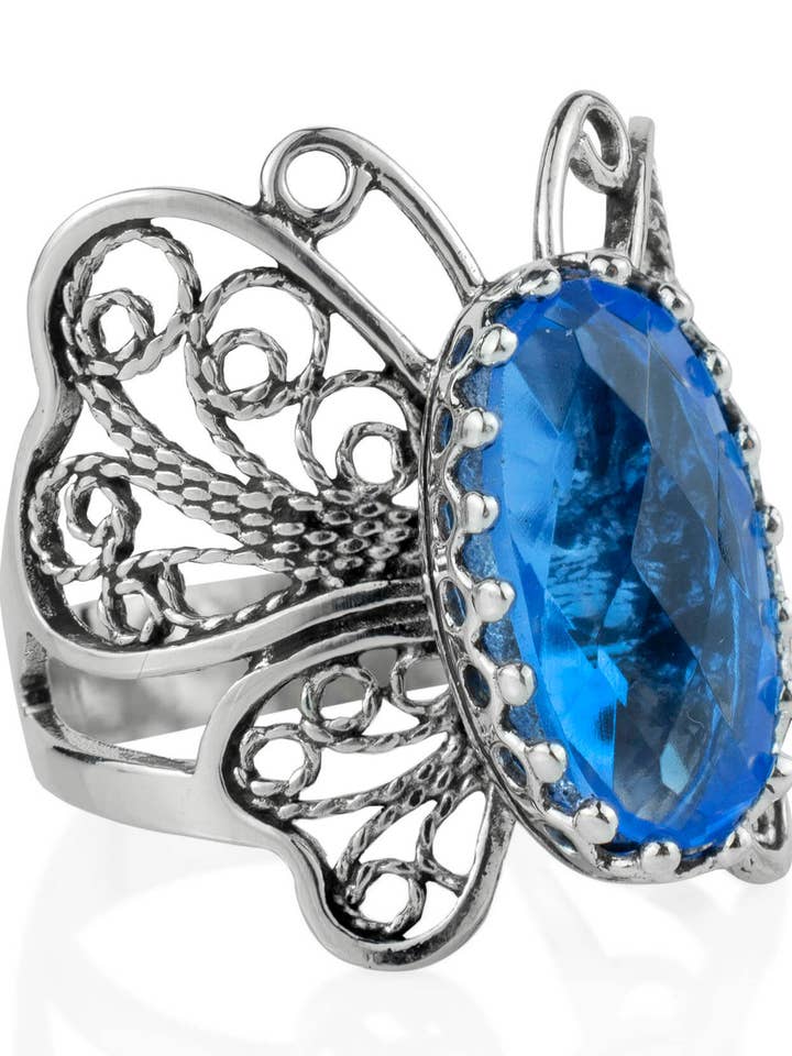 Filigree Art Blue Quartz Gemstone Women Butterfly Sterling Silver Ring for wholesale by Filigranist Jewelry