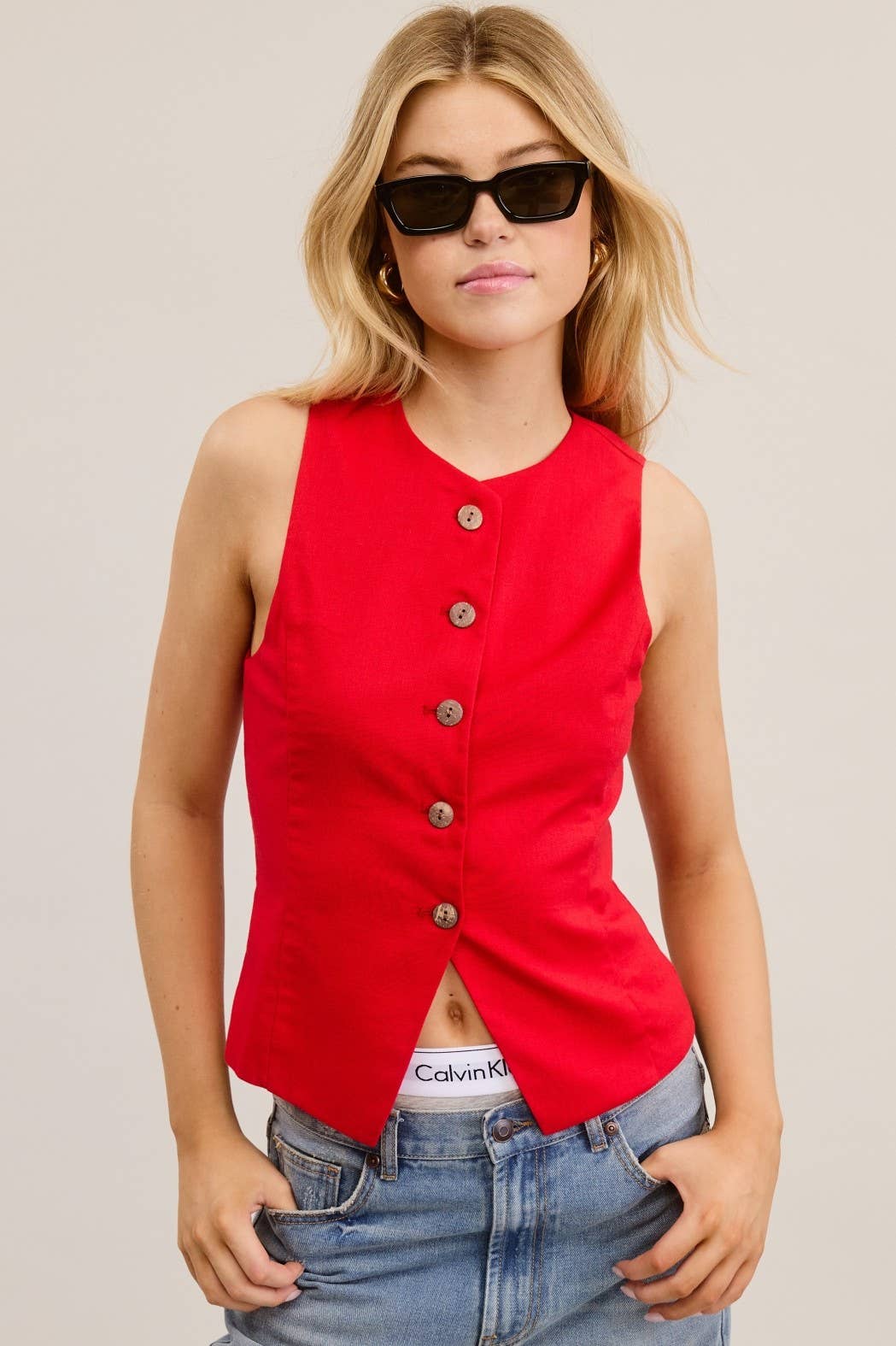 Mimosa - Wholesale Outerwear Vest - Women's - Open-Pack Button Down Sleeveless Round Neck Waistcoat Vest5