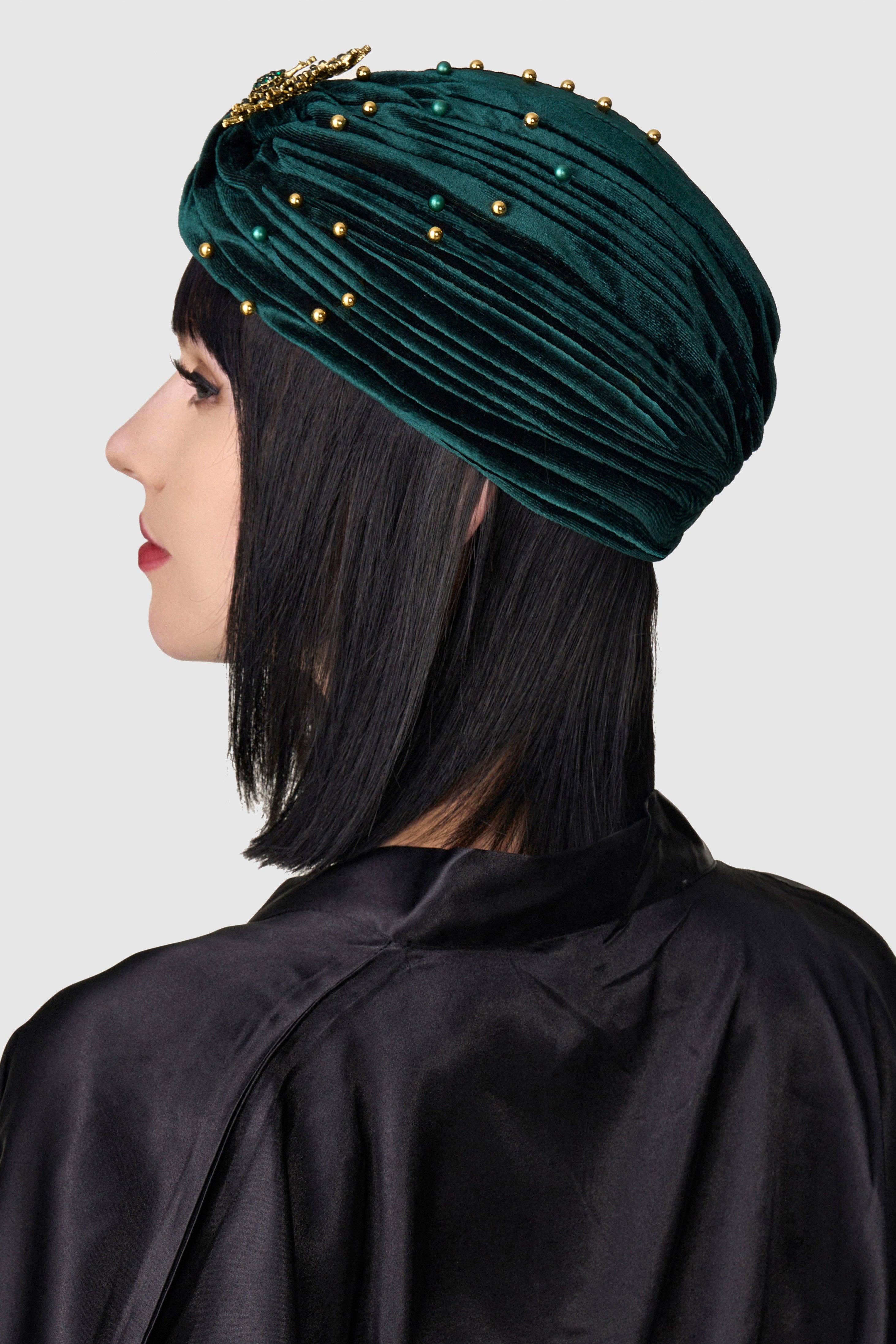 Forest Green Light Gold 1920s Beaded Peacock Turban Hat for wholesale on Faire3