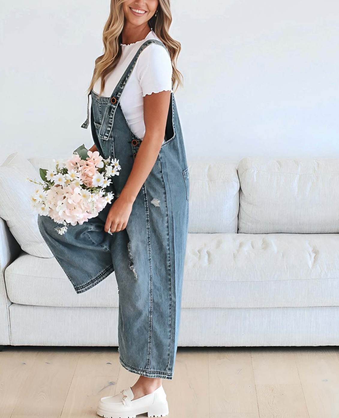 EmberLoom – Engroshandel Overalls - Dame – Kvinders bredbenede buksedragt med slidte detaljer denim overalls14