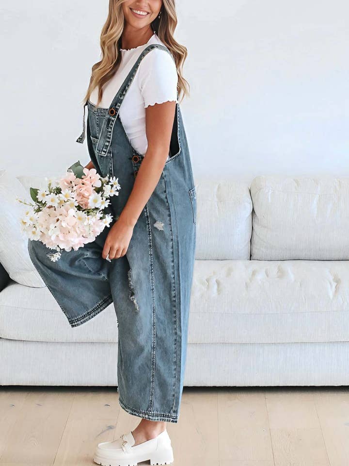 EmberLoom – Engroshandel Overalls - Dame – Kvinders bredbenede buksedragt med slidte detaljer denim overalls14