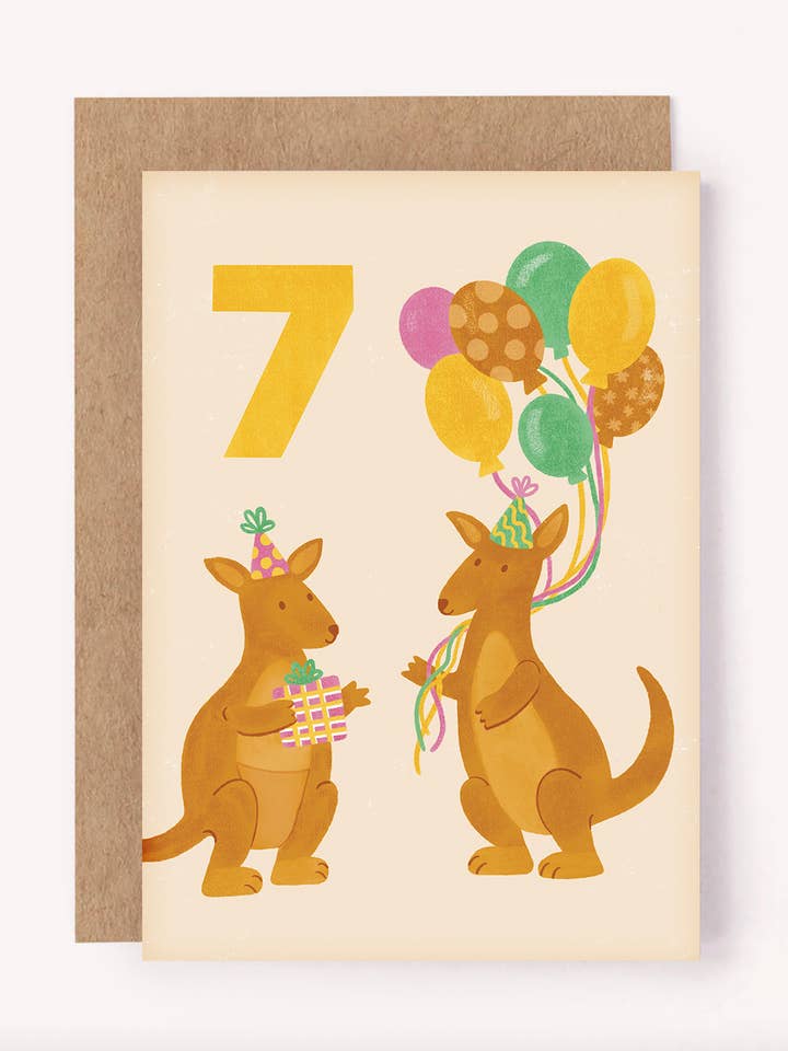 Biglietto di auguri a forma di canguro per bambini, 7 anni, con scritta «Kids Cute Milestone Australia» per la vendita all'ingrosso da parte di Lauren Sissons Studio