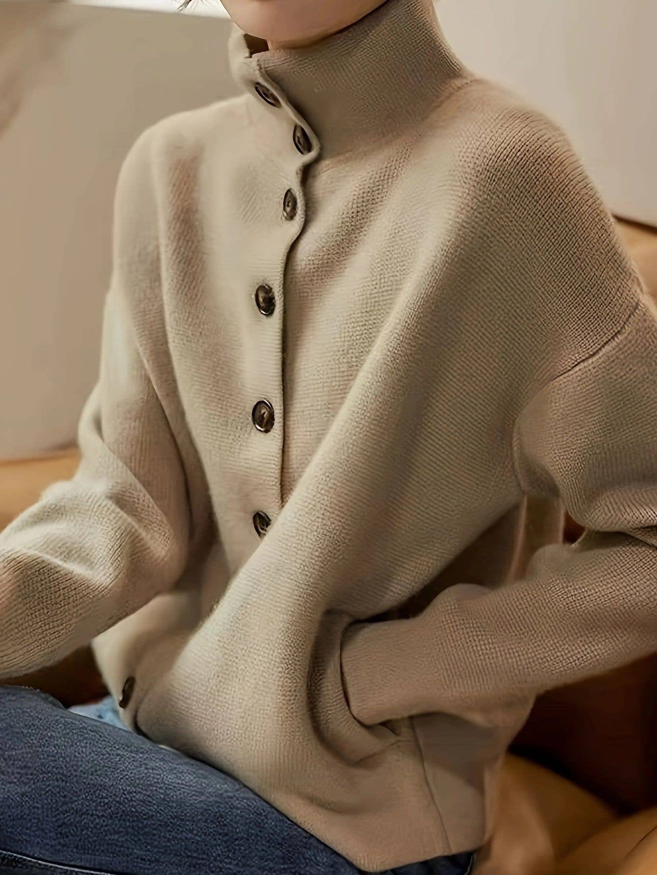 Khaki Effortless chic high neck cardigan with pocket for wholesale on Faire2