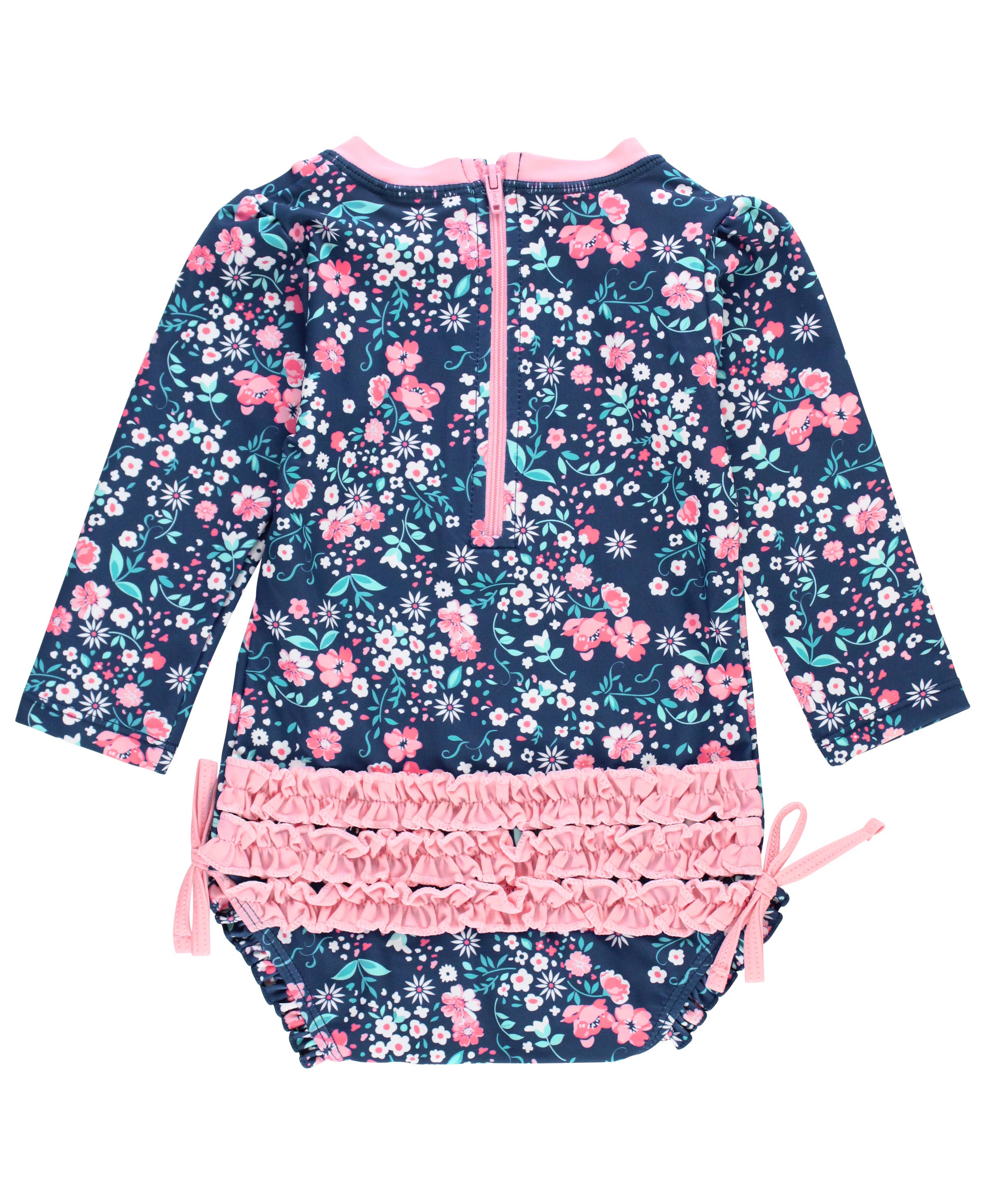 RuffleButts + RuggedButts - Wholesale Rashguard - Baby - Baby Girls Moonlit Meadow Long Sleeve One Piece Rash Guard Swimsuit with Signature Rear Ruffles2
