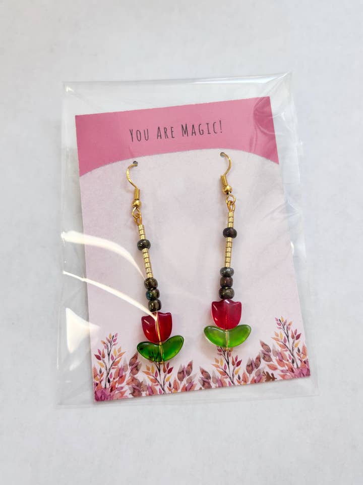 Red Tulip Flower with Leaves - Beaded Dangle Earrings for wholesale by Joyful Jewels by Joyful Blooms