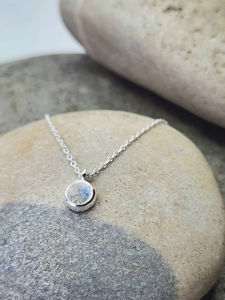 June Birthstone Necklace in Rainbow Moonstone + Sterling Silver for wholesale by Heart and Lotus Sterling Silver Jewelry
