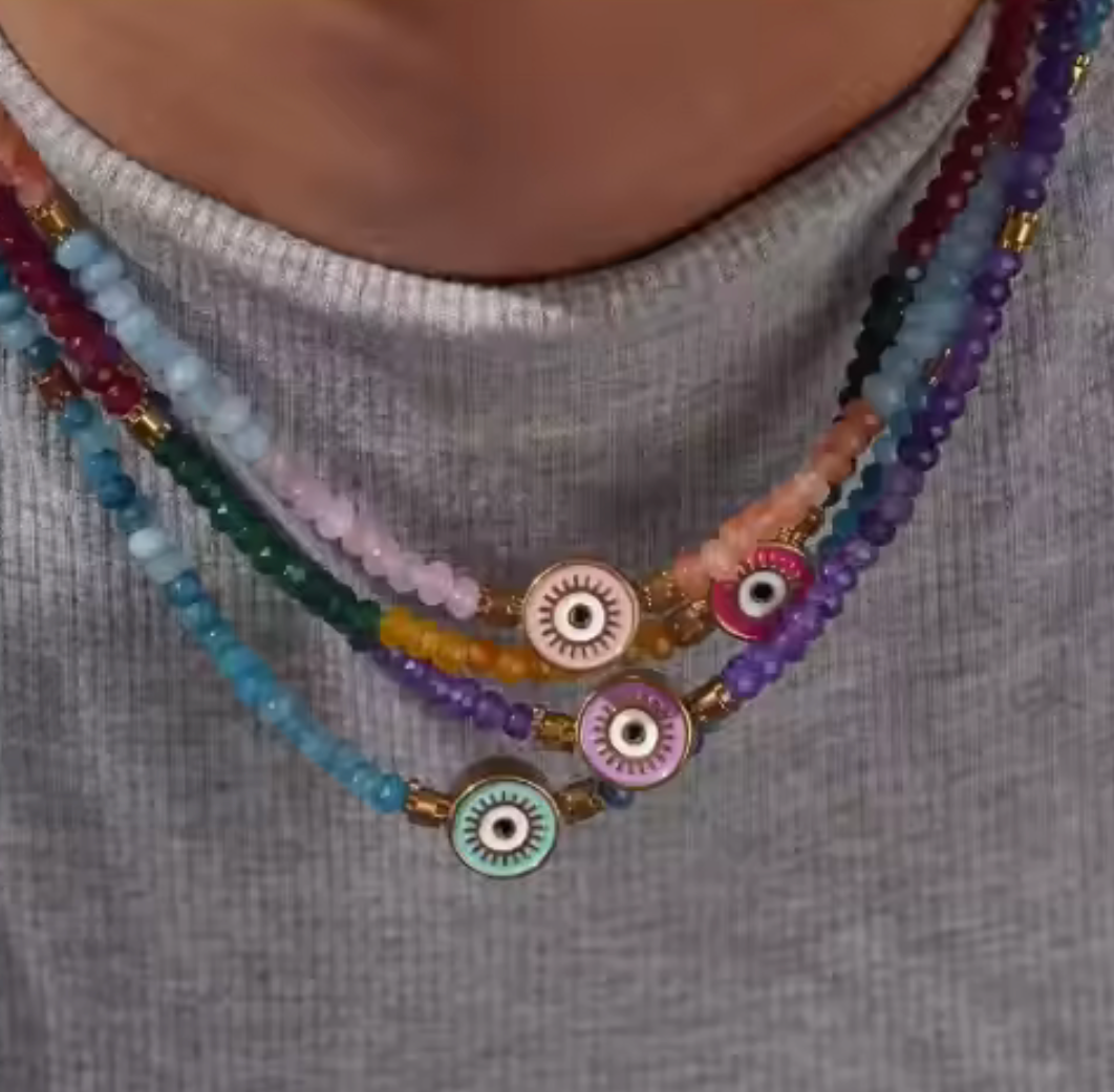 HoopLa – wholesale Beaded/pearl necklace – Ikos- Evil Eye enamel on hand beaded Necklace2
