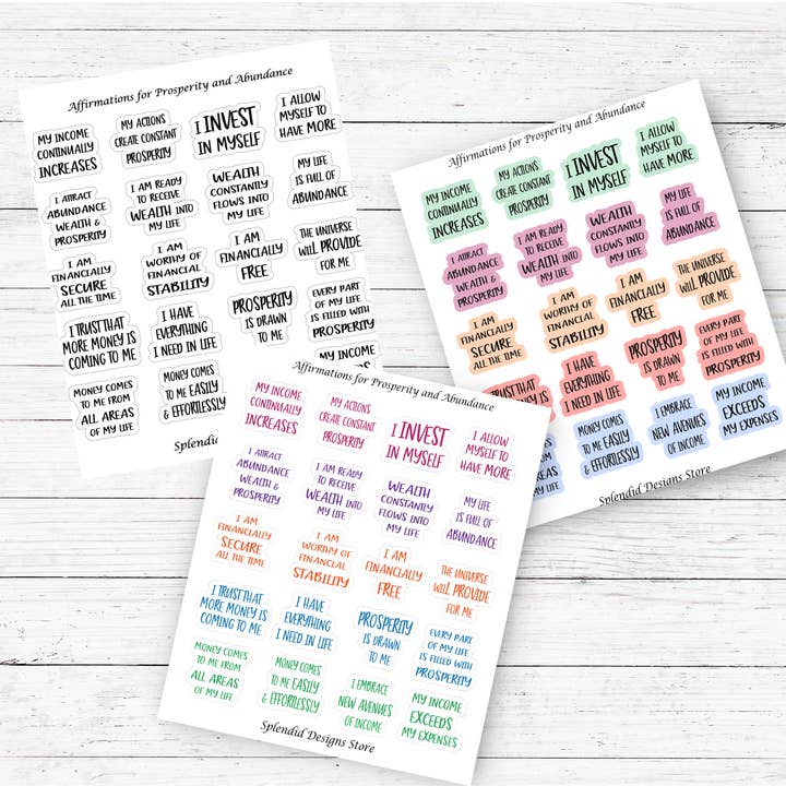 Splendid Designs Store - Wholesale Sticker - Positive Affirmations for Wealth and Abundance Sticker Sheet1