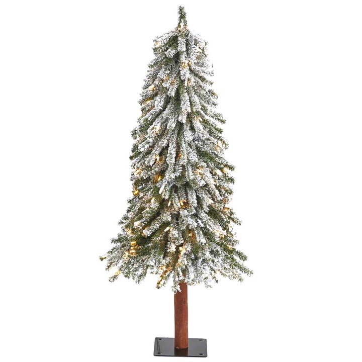 4’ Flocked Grand Alpine Artificial Christmas Tree with 100 Clear Lights and 361 Bendable Branches on Natural Trunk for wholesale by Silk Flower Depot