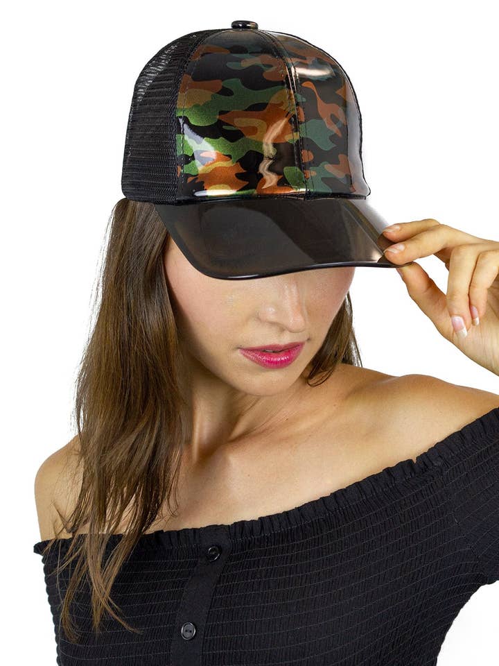Magid Patent Camo Print Acrylic Brim Summer Baseball Cap for wholesale by Magid