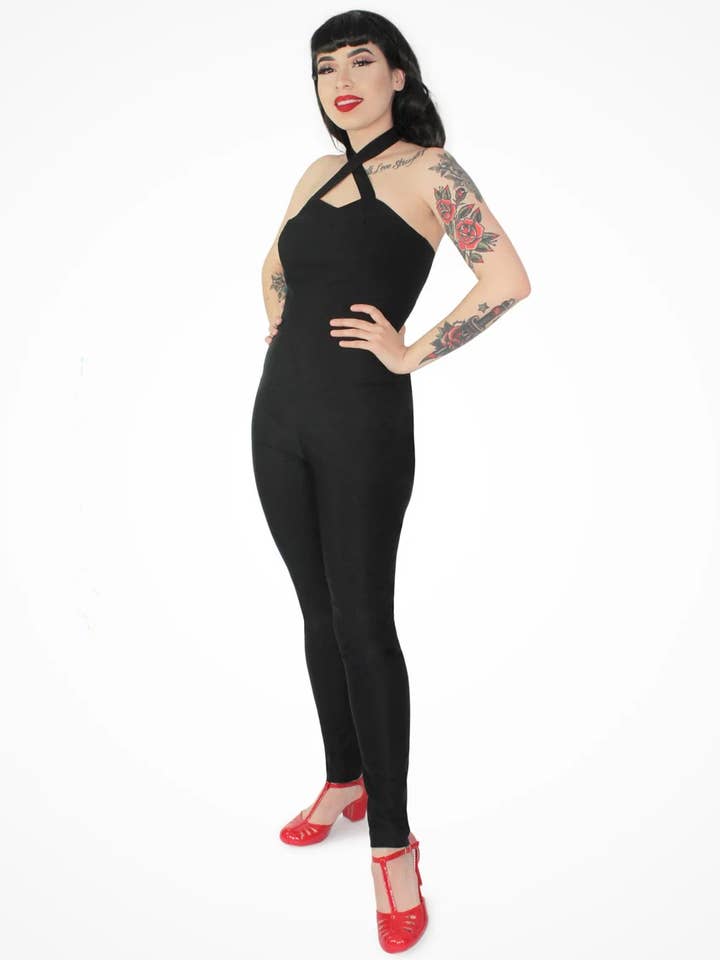 Pin Up Pants, One Piece Black Criss Cross Jumpsuit XS-2XL for wholesale by Hemet