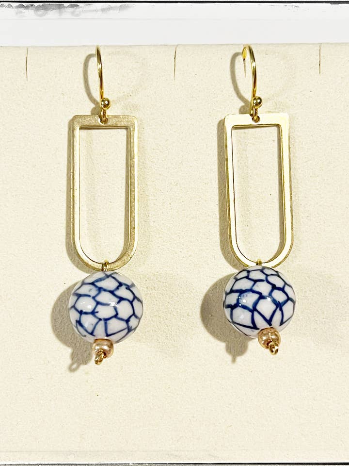 Brass Painted Ceramic Chinoiserie Bead Earring Long Hoop for wholesale by GentrybyJenna