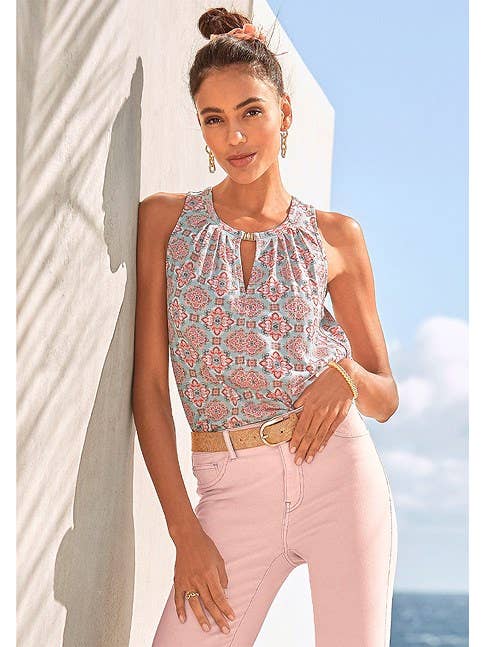 Multi Print LASCANA Women's Printed Keyhole Neckline Top for wholesale on Faire