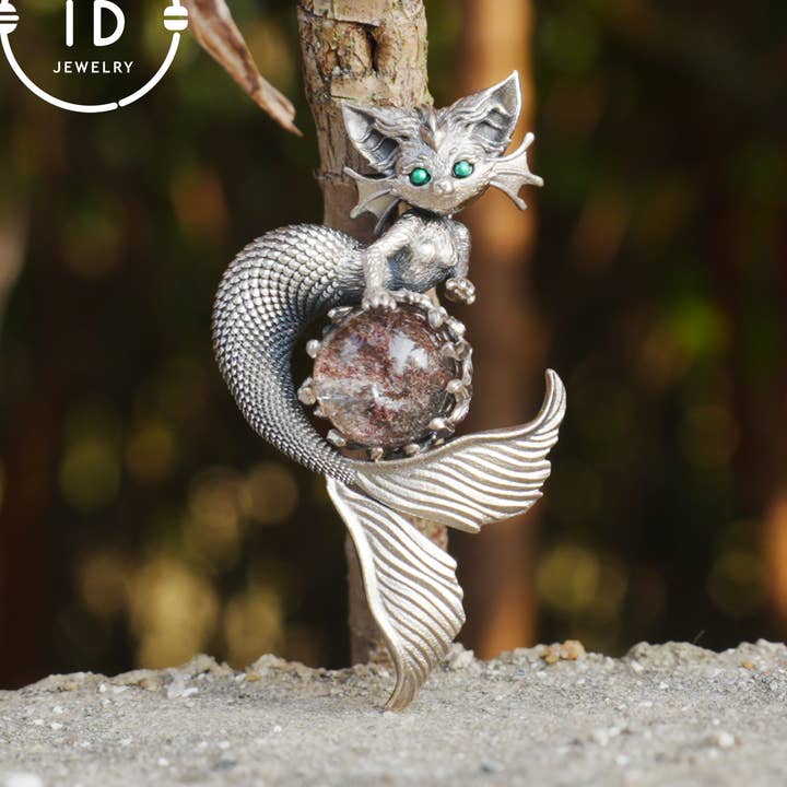 Colgante de Gato Sirena con Cuarzo Fantasma en Plata Oxidada 925, Joya Vintage de Fantasía para Ella, Collar de Animal Místico para venta al por mayor de idjewelry