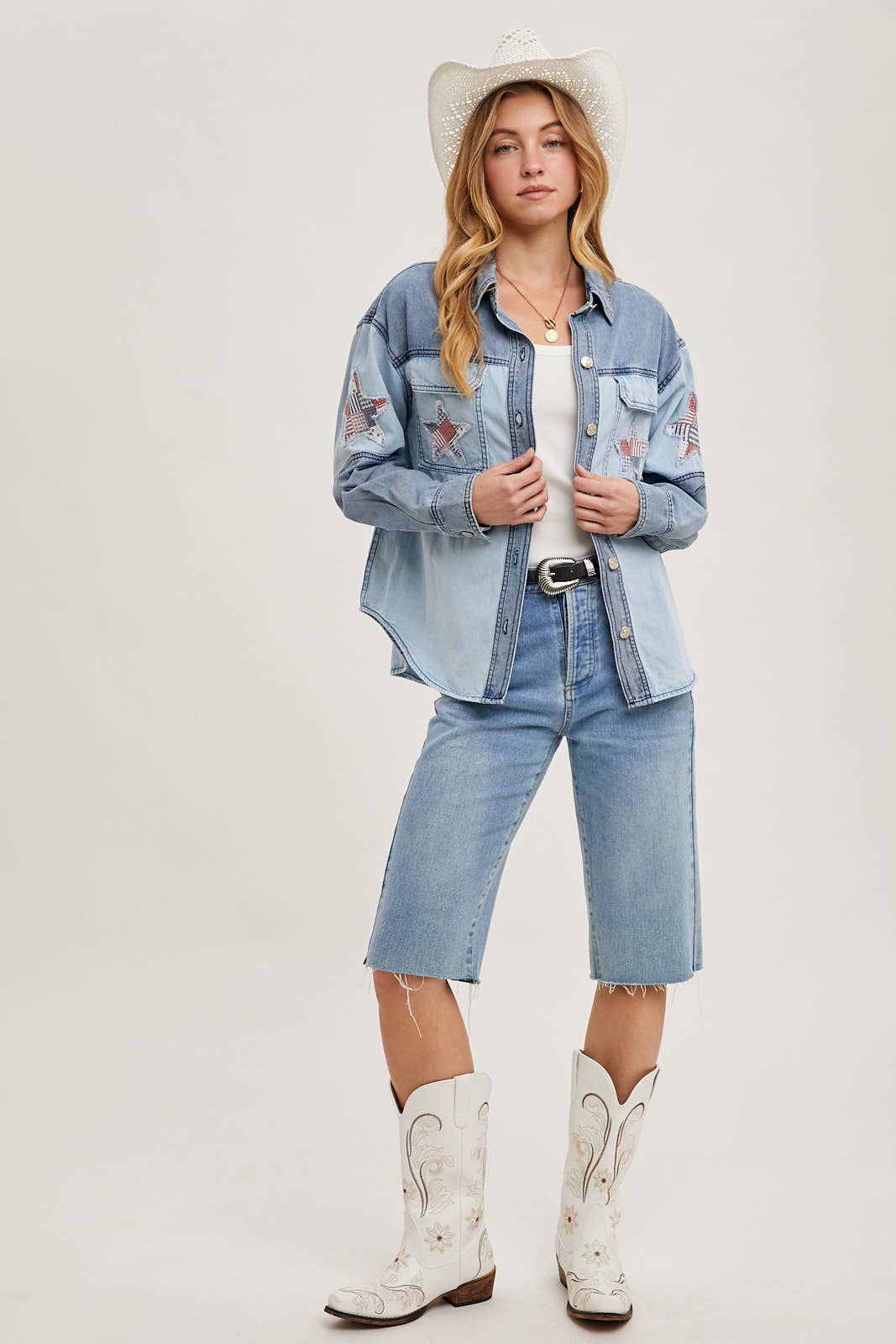 DENIM CAMICIA GIACCA PATCHWORK CON STELLA IN DENIM WESTERN - 4 LUGLIO in vendita all'ingrosso su Faire9