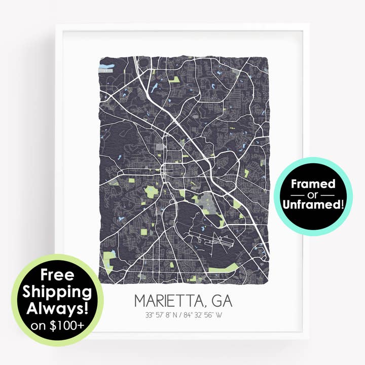 Marietta Georgia City Map Poster, Watercolor Map Art Print for wholesale by Sparks House Co.