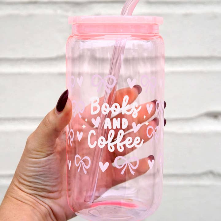 Sip-Sip Hooray! - Wholesale Drinking glass/cup - Coquette Books + Coffee Cup With Lid and Straw2