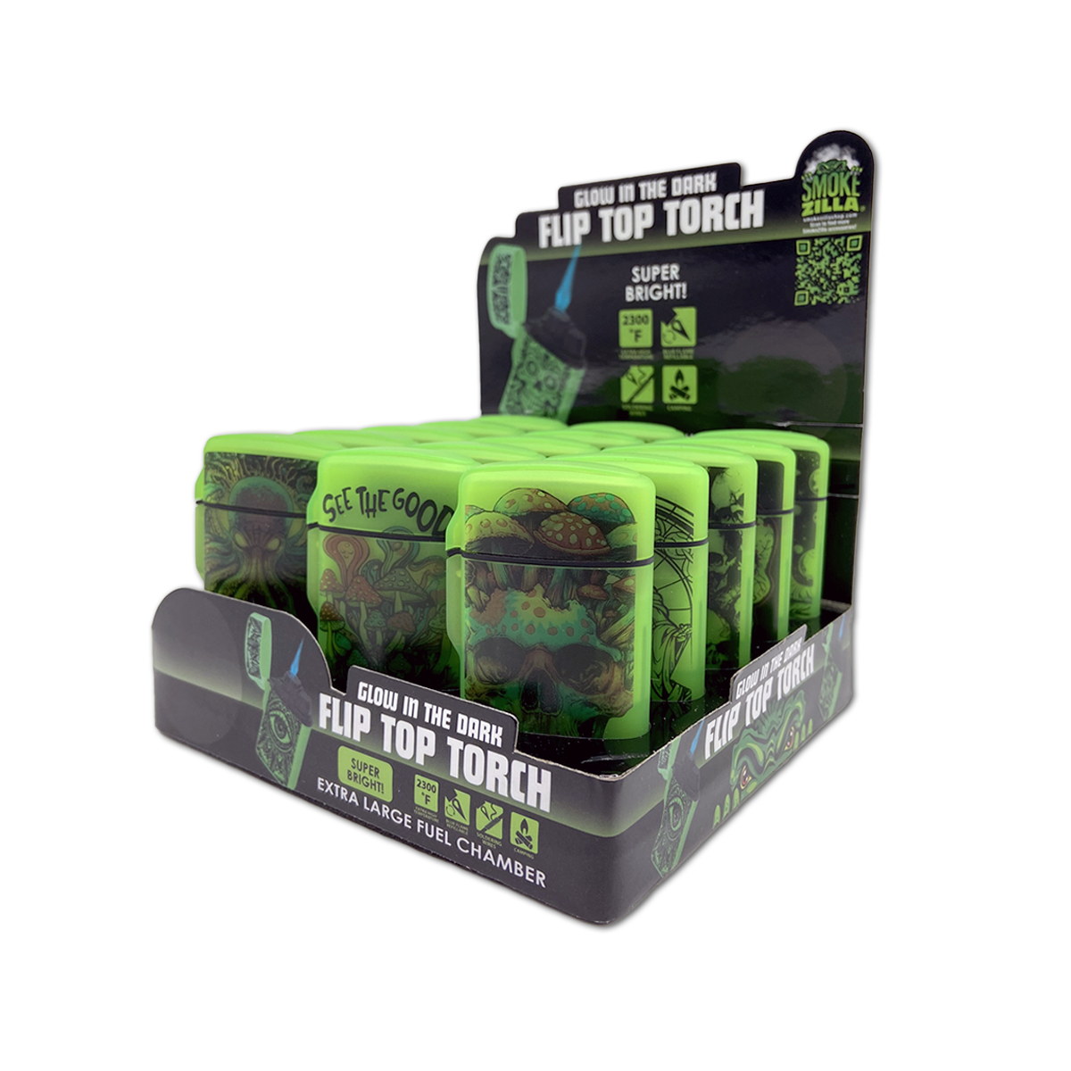 Novelty Brands - Wholesale Lighter - Glow in The Dark Flip Top Lighter Assortment - 15/Display0