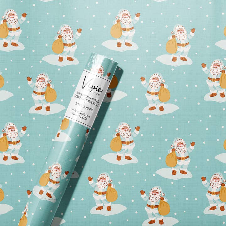 Santa in the Snow Blue on Blue Wrapping Paper Roll   for wholesale by Vivie and Ash