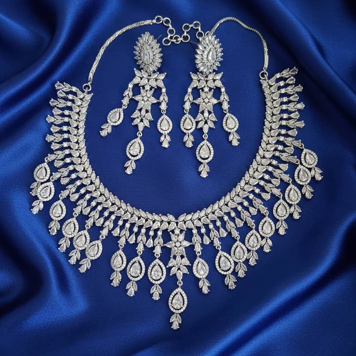 Classic Silver Crystal Bridal Necklace Set| Vinni’s Jewelry for wholesale on Faire