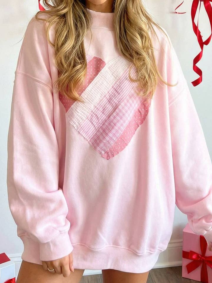 Spring Valentine Sweetheart Patchwork Mockneck Sweatshirt for wholesale by Little Daisy Closet