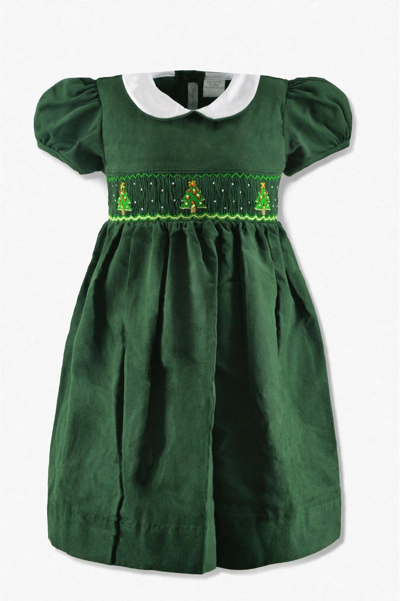 Hunter Green Smocked Christmas Trees Short Sleeve Baby & Toddler Girl Dress for wholesale on Faire2