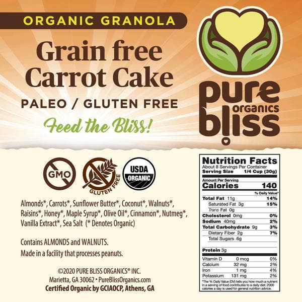 Pure Bliss Organics – wholesale Granola – Morot Cake Grain gratis Paleo - 8oz2