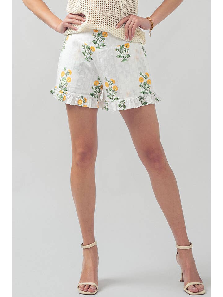 Yellow Floral Print Ruffle Shorts with Smocked Waist for wholesale on Faire2