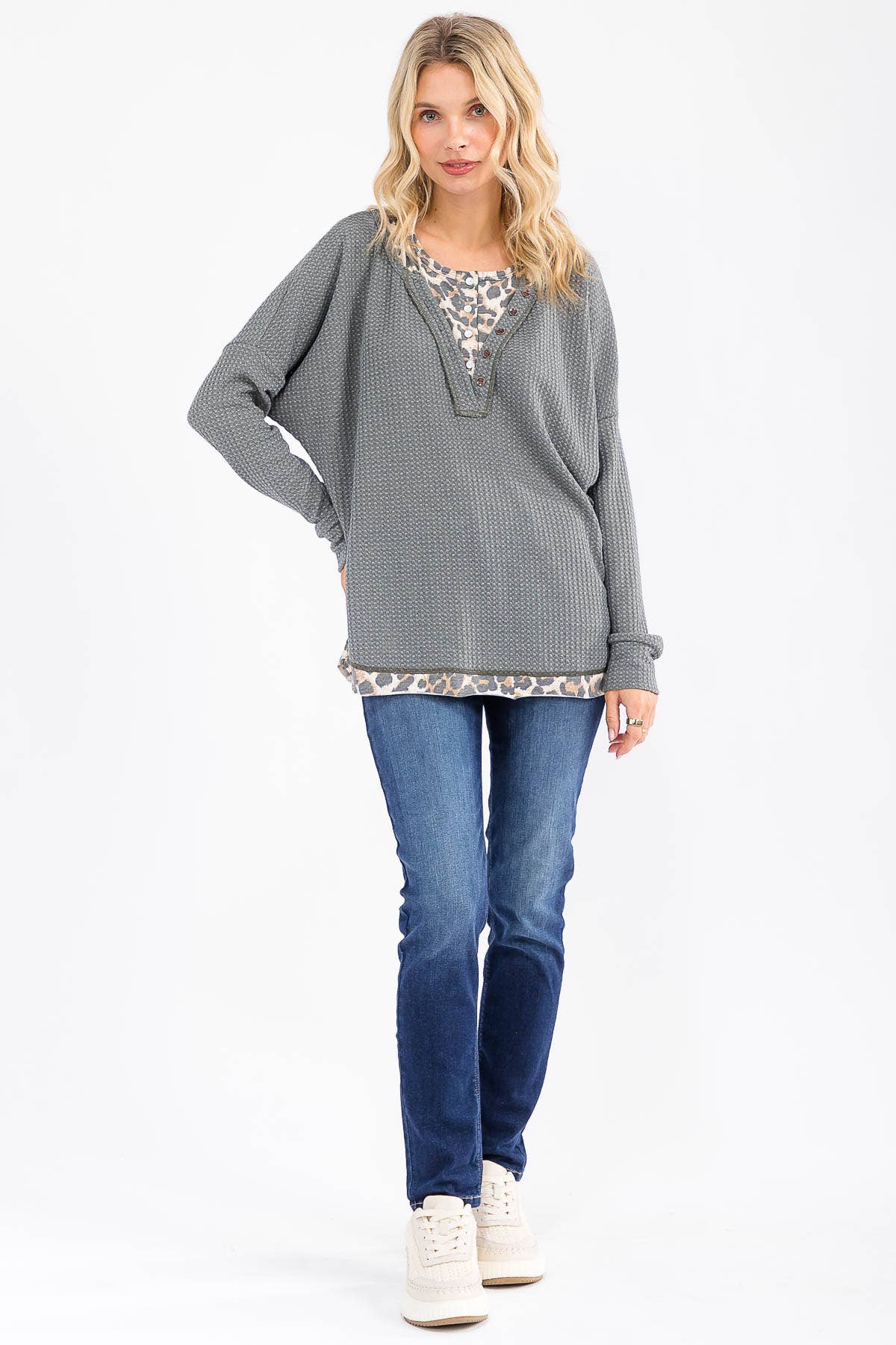 7th Ray - Wholesale Knit Top - Women's - Leopard Print Double layered Henley Top T607819