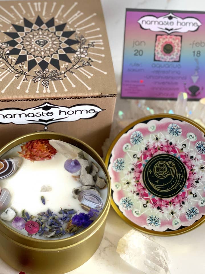 Vela de cristal de Acuario, vela del zodiaco con piedras preciosas y hierbas para venta al por mayor de Namaste Home