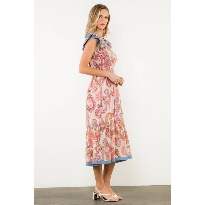 THML - Vendita all'ingrosso Vestito - Donna - Abito lungo con maniche a farfalla arricciate e stampa paisley