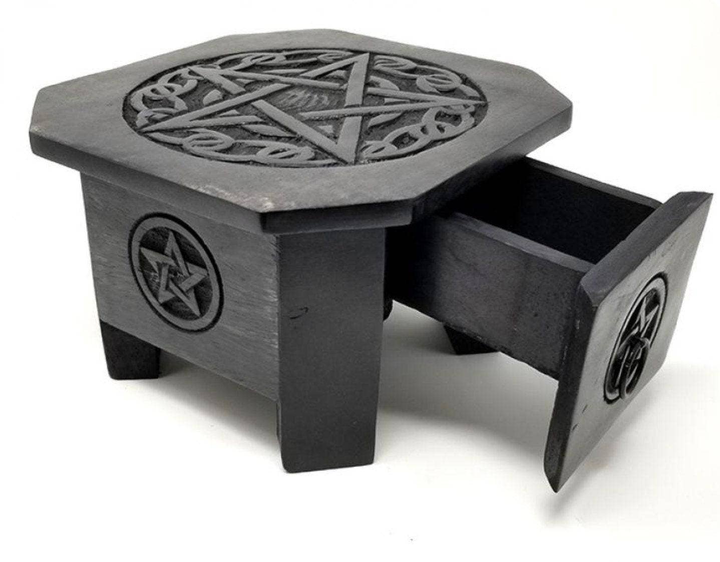 SunlitSage - Wholesale Decorative Tabletop Object - Pentagram Wood Altar Table with Drawer | Herb Storage | Altar Decor |2