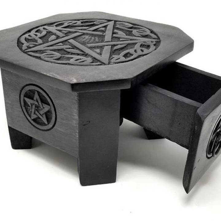 SunlitSage - Wholesale Decorative Tabletop Object - Pentagram Wood Altar Table with Drawer | Herb Storage | Altar Decor |2