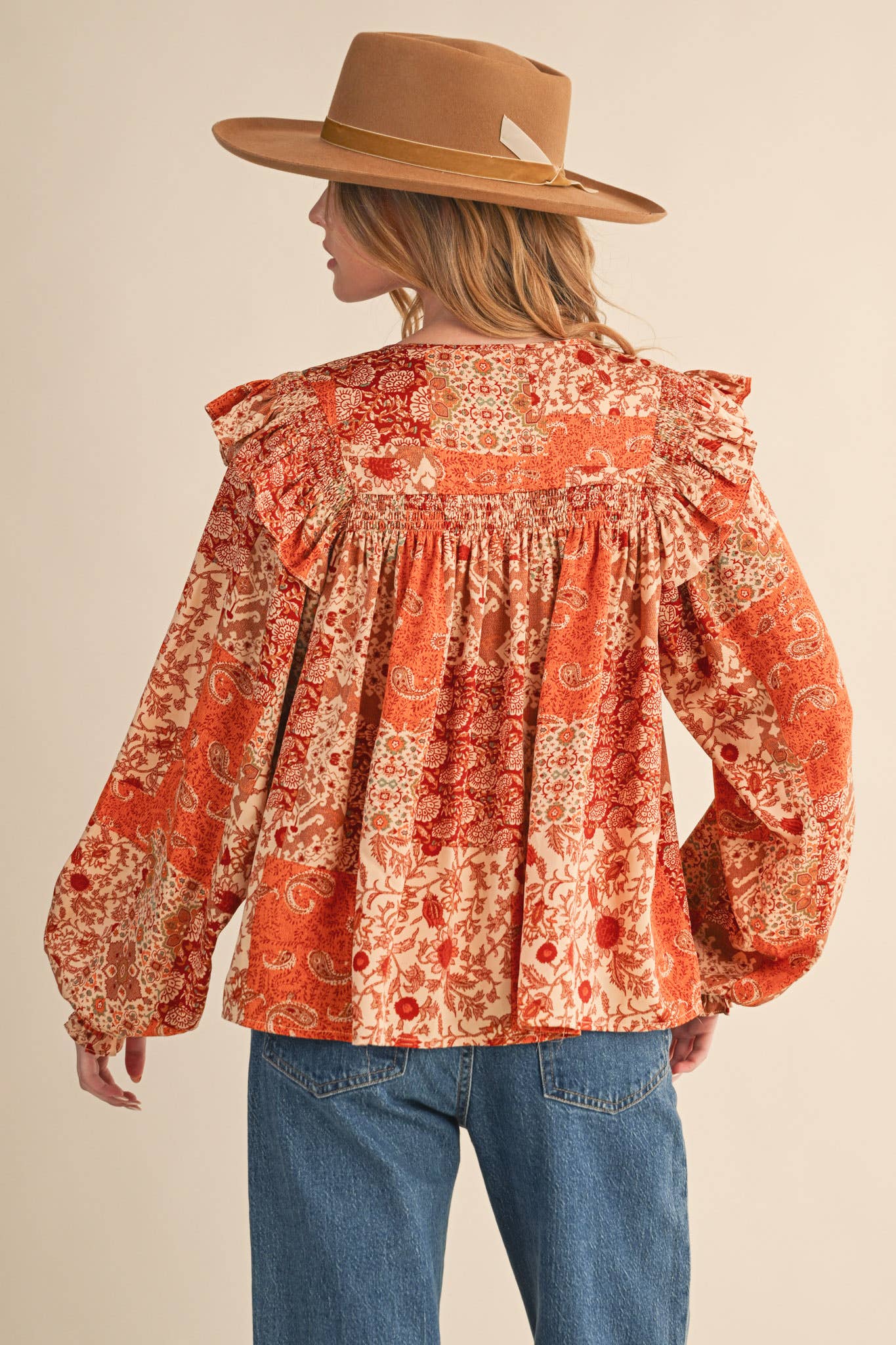 &MERCI - Wholesale Blouse - Women's - PATCHWORK PRINT SMOCKED RUFFLE BLOUSE MTP435015