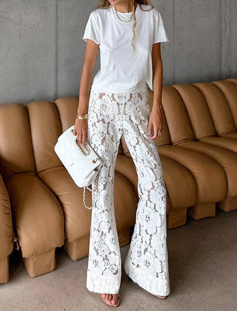 WHITE Sheer Floral Lace High-Waisted Pants for wholesale on Faire9