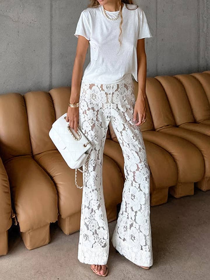 WHITE Sheer Floral Lace High-Waisted Pants for wholesale on Faire9
