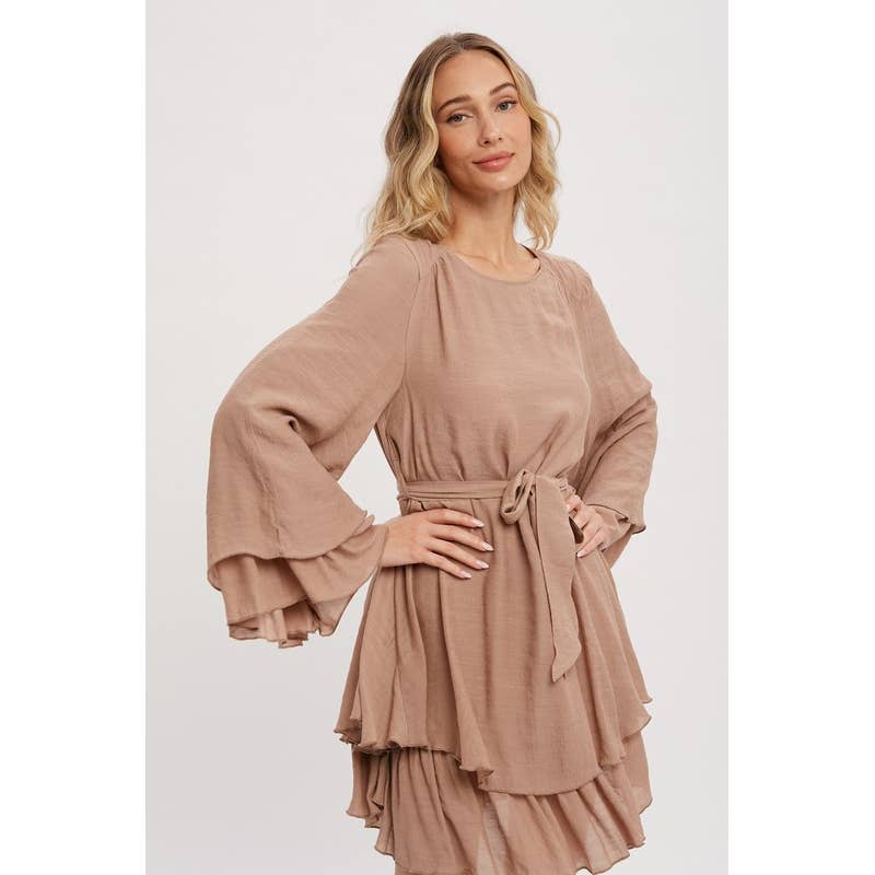 Pink Irene Wholesale - Wholesale Dress - Women's - LONG BELL SEEVE SELF TIE RUFFLE HEM SOLID DRESS6
