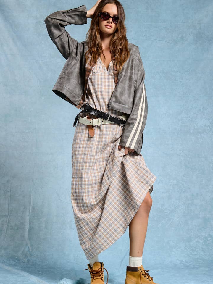 V-neck Sleeveless Plaid Maxi Dress with Back Tie for wholesale by Mimosa