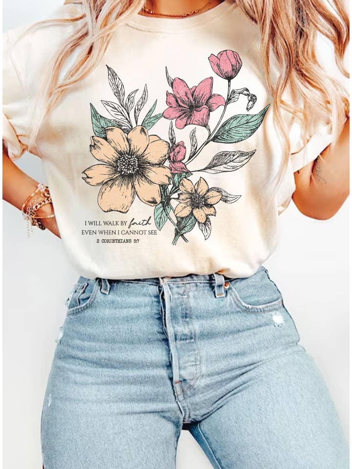 Rustee Clothing - Wholesale Screen Printed T-Shirt - Women's - I WILL WALK FAITH FLORAL GRAPHIC TSHIRTS