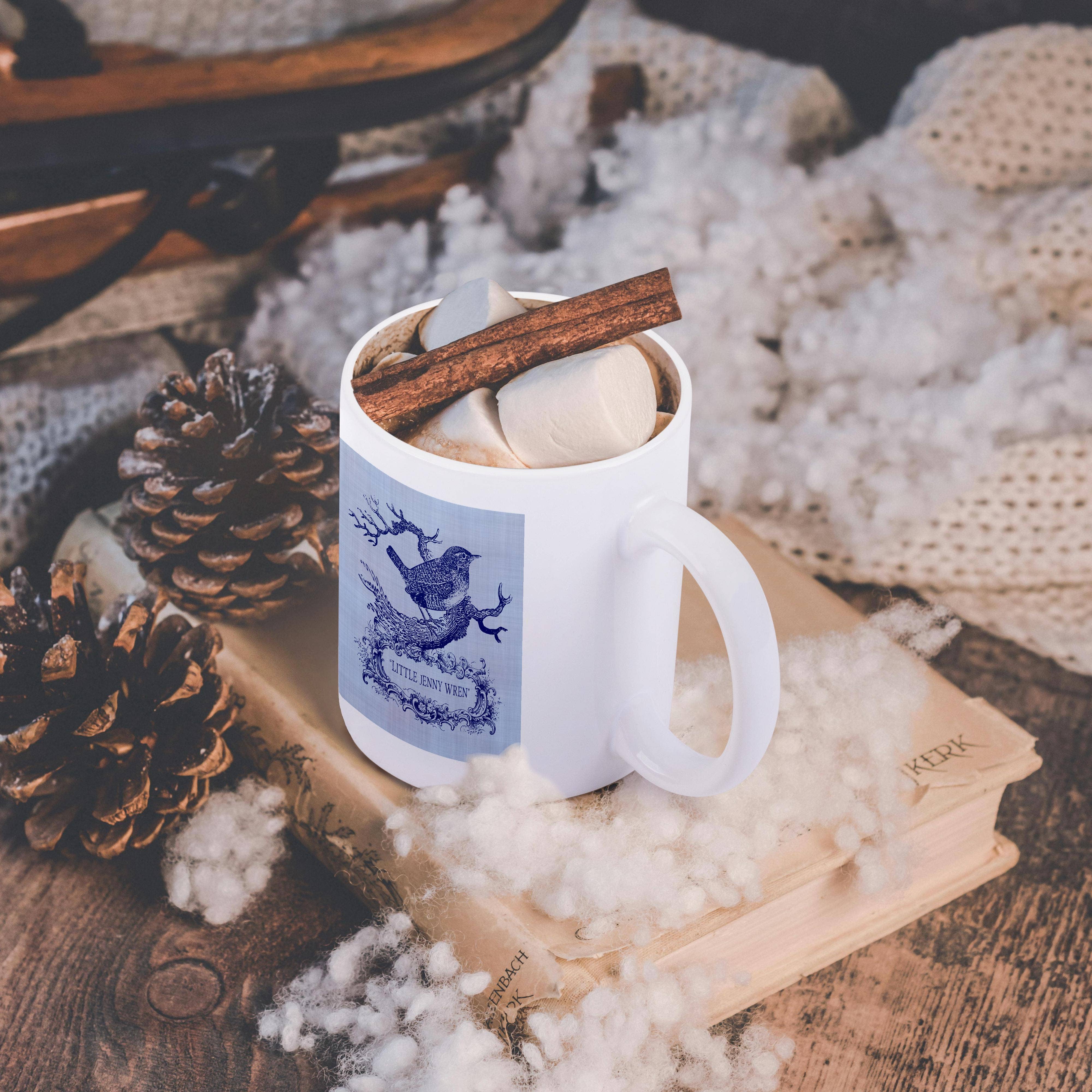 3dRose - Wholesale Coffee Mug - 3dRose, Little Jenny Wren- pretty little bird and cartouche in blue, Mug9