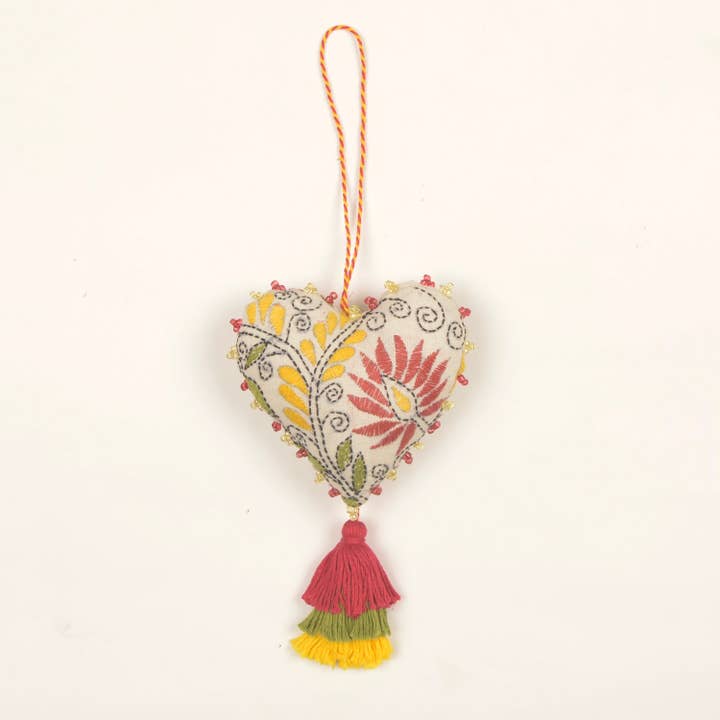 Embroidered Heart with Tassel and Pompom — Ornament for wholesale by Silaiwali