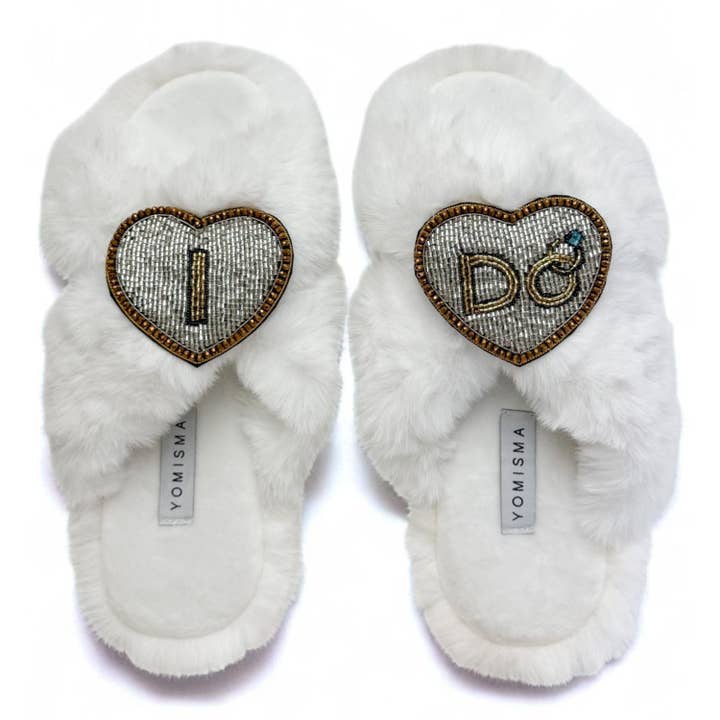Eco-friendly Faux Fur Slippers w/ "I DO" brooch + Gift Box for wholesale by Yomisma