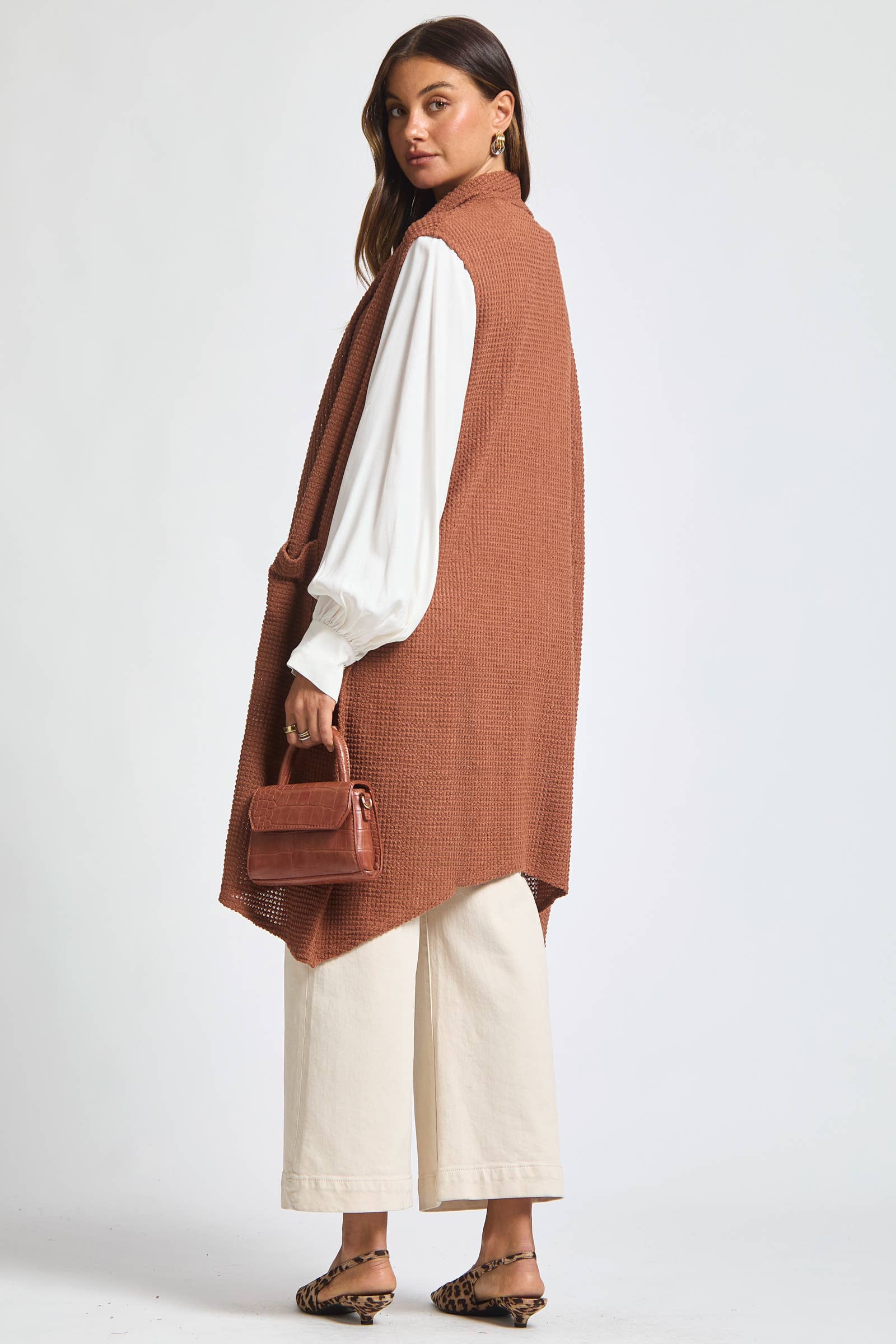 Dear Scarlett - Wholesale Outerwear Vest - Women's - Sleeveless Crochet Midi Vest Cardigan19