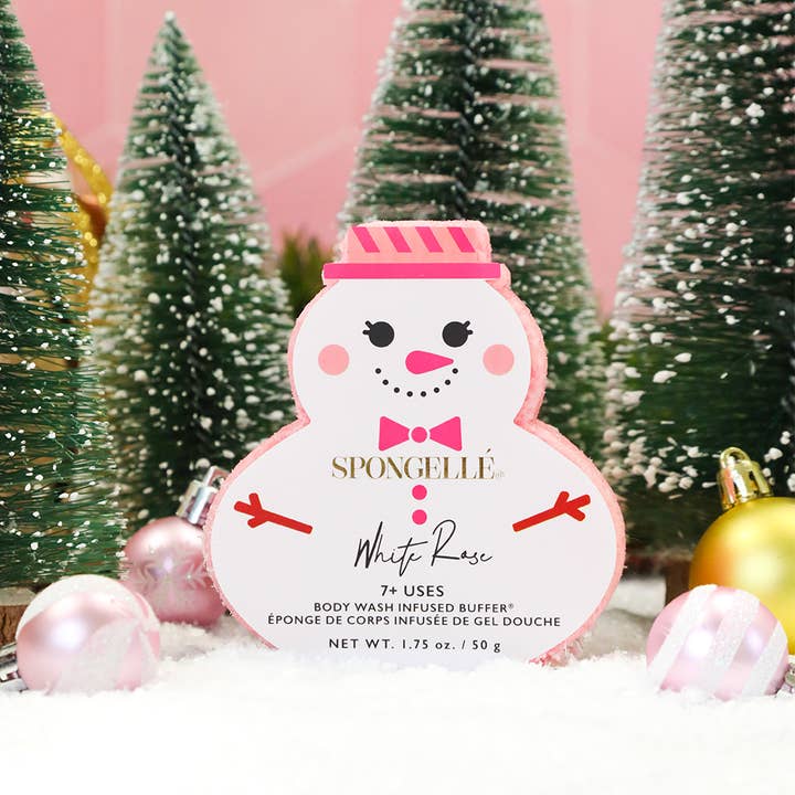 Spongellé - Wholesale Bath Pouf/Sponge - White Rose Snowman Holiday Buffer Christmas Stocking Gift